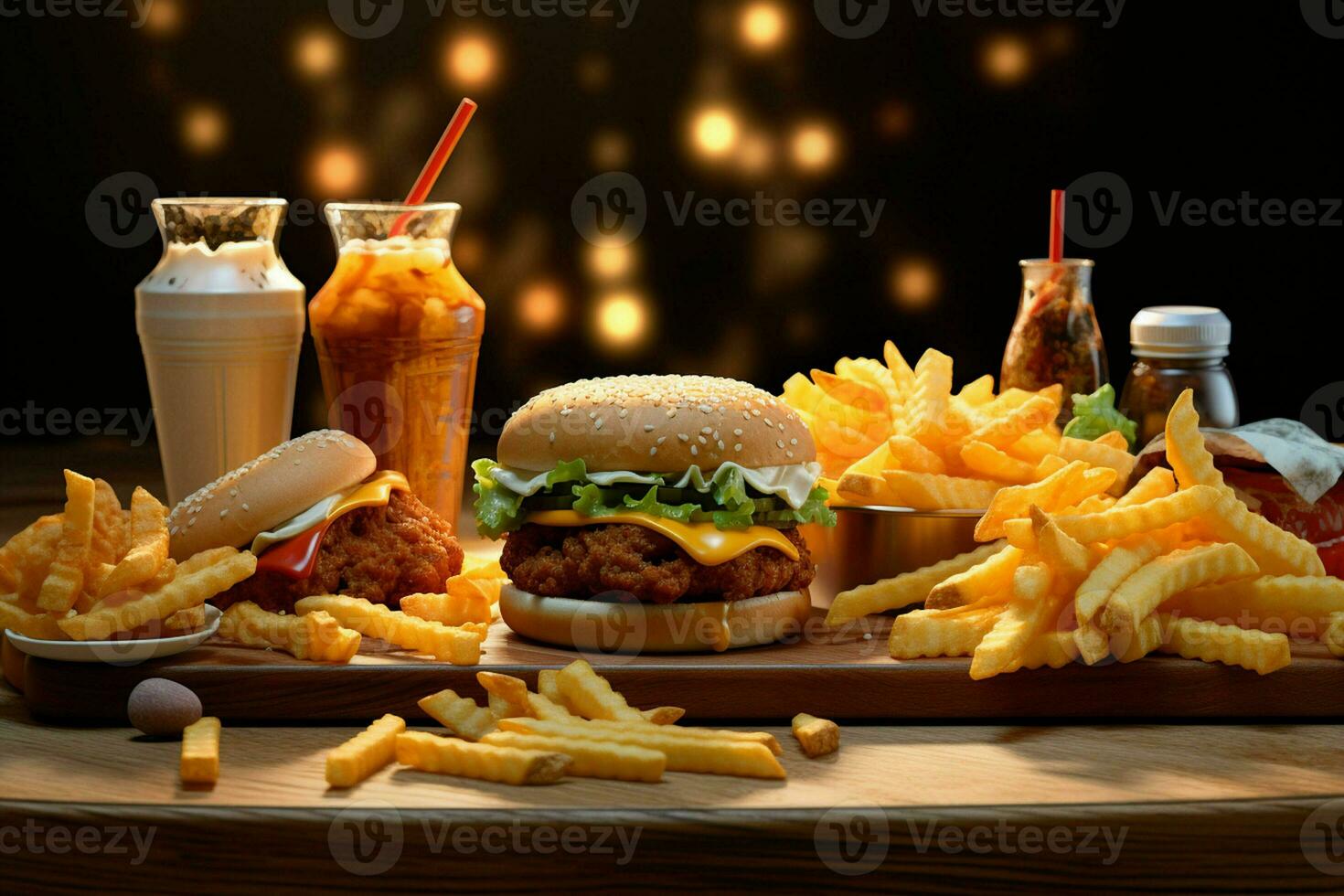 veloce cibo ristorante menù. hamburger, francese patatine fritte, insalata di cavolo, pollo pepite e insalate su di legno tavolo. ai generato professionista foto