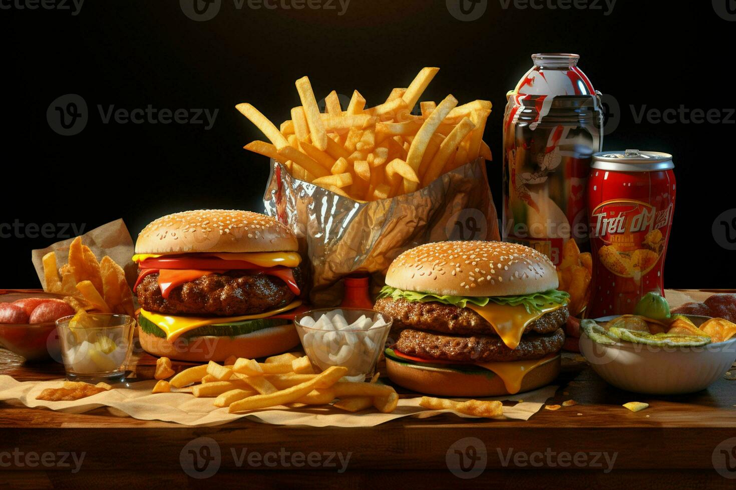 veloce cibo ristorante menù. hamburger, francese patatine fritte, insalata di cavolo, pollo pepite e insalate su di legno tavolo. ai generato professionista foto