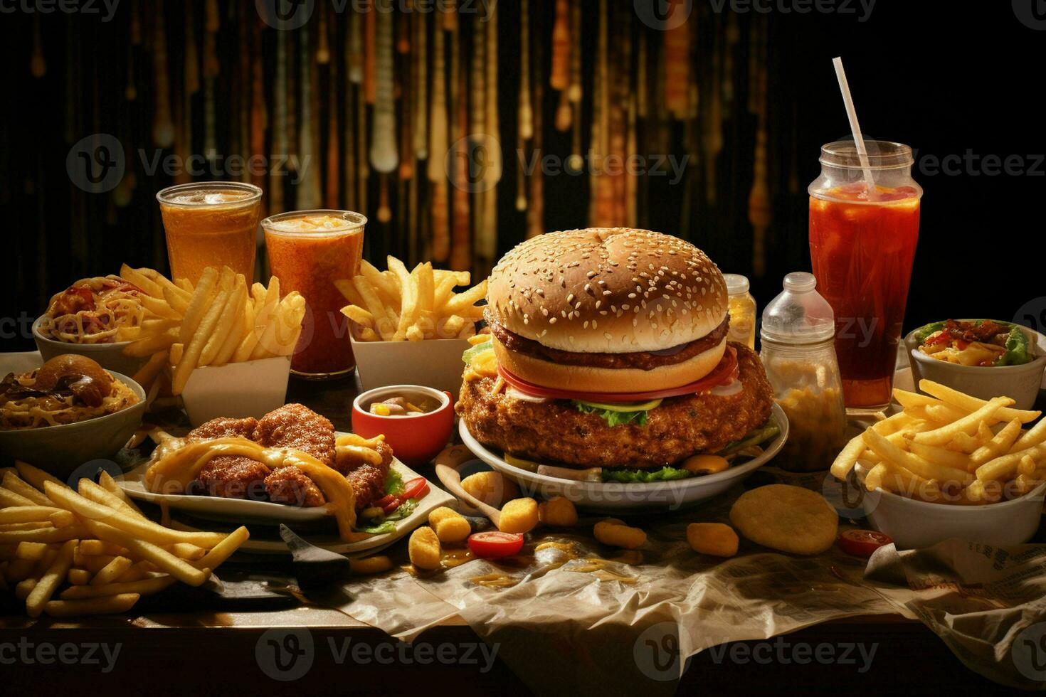 veloce cibo ristorante menù. hamburger, francese patatine fritte, insalata di cavolo, pollo pepite e insalate su di legno tavolo. ai generato professionista foto