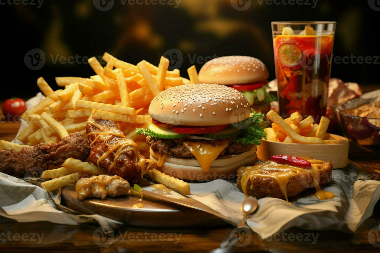 veloce cibo ristorante menù. hamburger, francese patatine fritte, insalata di cavolo, pollo pepite e insalate su di legno tavolo. ai generato professionista foto