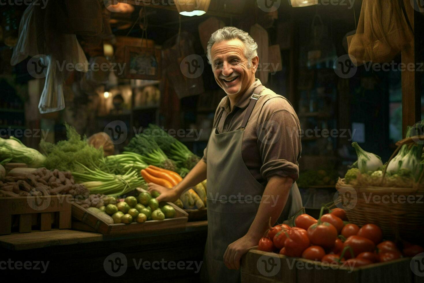 ritratto di un' sorridente uomo vendita verdure a un' drogheria negozio. ai generato professionista foto