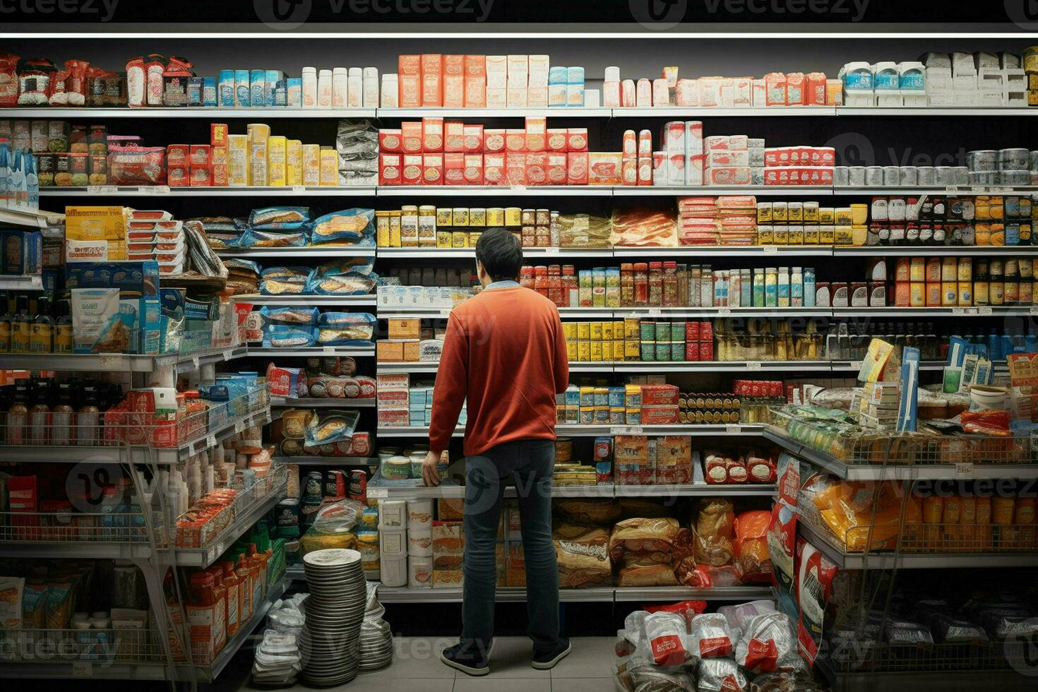 uomo in piedi nel supermercato e guardare a scaffali con cibo prodotti. ai generato professionista foto