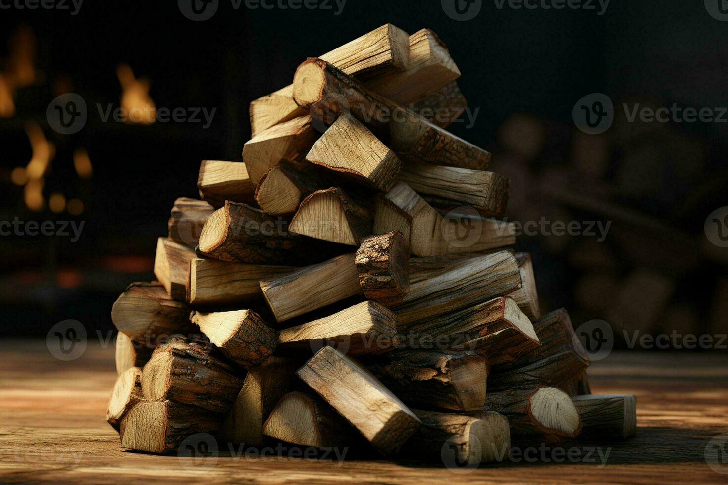 mucchio di tritato legna da ardere su di legno tavolo, avvicinamento Visualizza. ai generato professionista foto