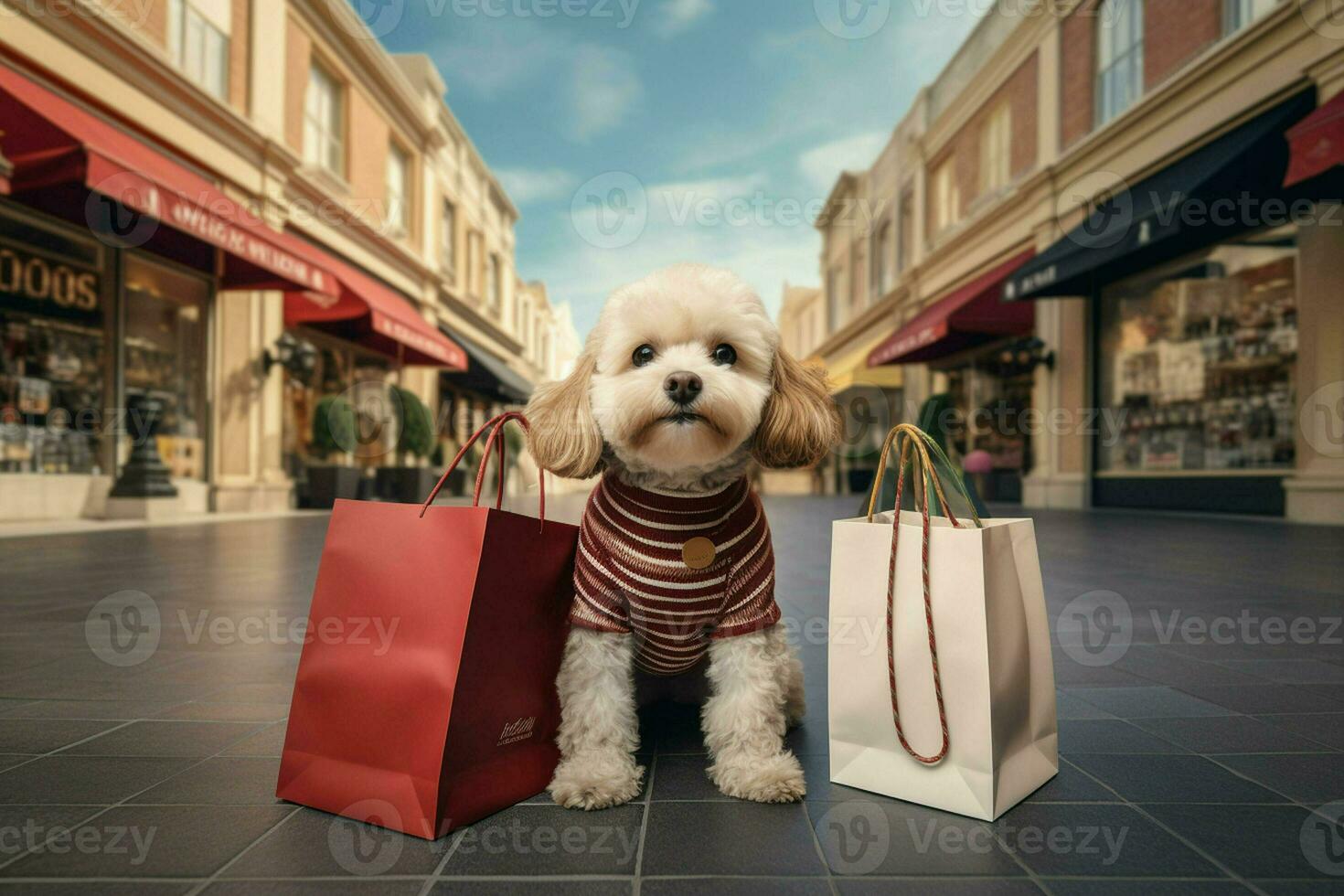 carino cane con shopping borse nel il città. shopping concetto. ai generato professionista foto