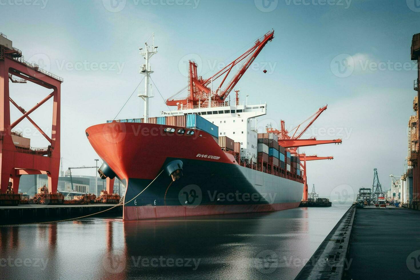 contenitore carico nolo nave con Lavorando gru ponte nel cantiere navale per logistica importare esportare sfondo. ai generato professionista foto