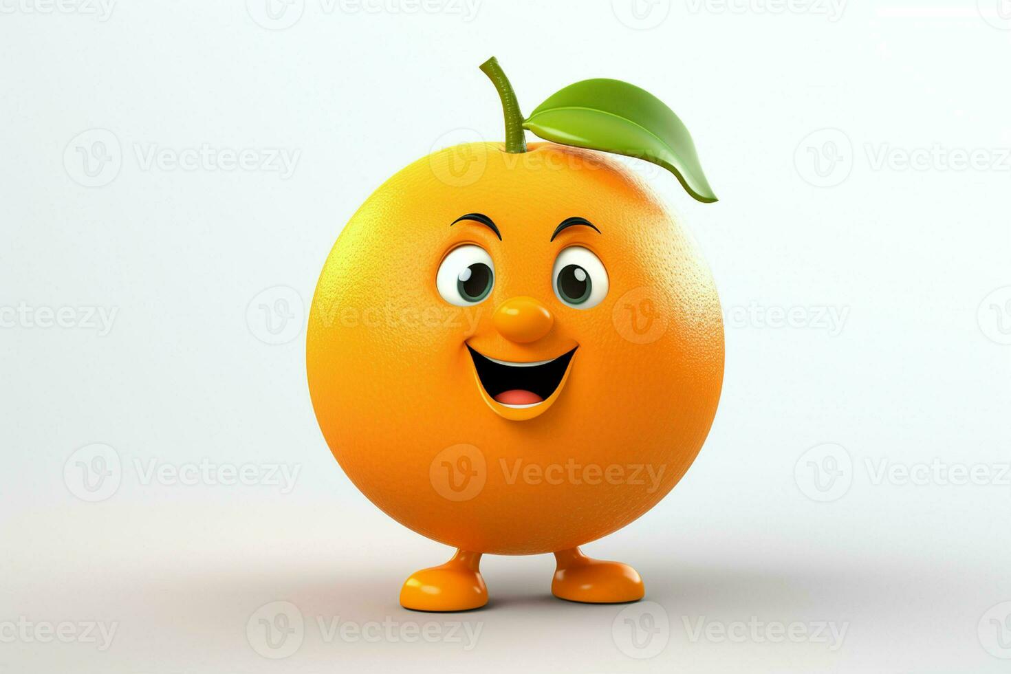 cartone animato personaggio di arancia con verde foglia su bianca sfondo, 3d resa. ai generato professionista foto