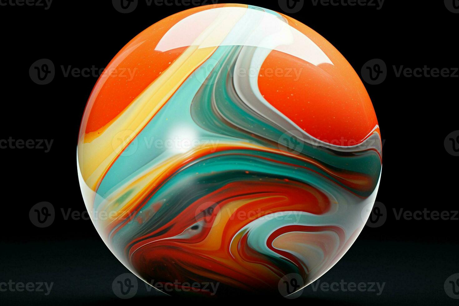 3d rendere di un astratto colorato marmo palla su un' di legno tavolo. ai generato professionista foto