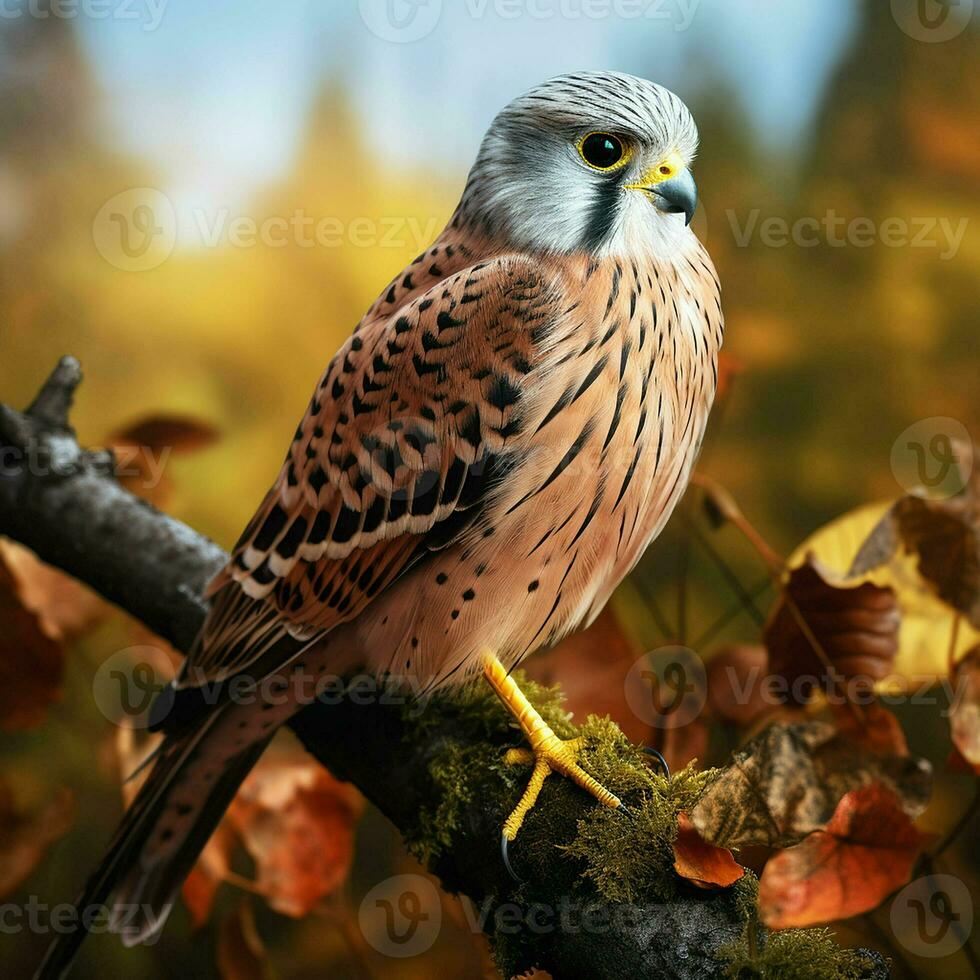 gheppio seduta su un' ramo nel autunno foresta. natura scena a partire dal natura. ai generato professionista foto