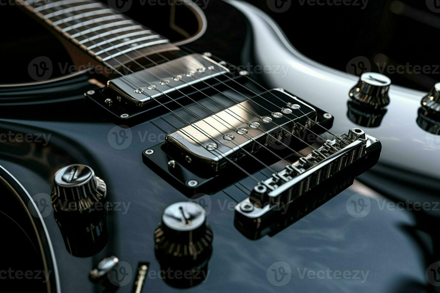 vicino su di nero elettrico chitarra. ai generato professionista foto