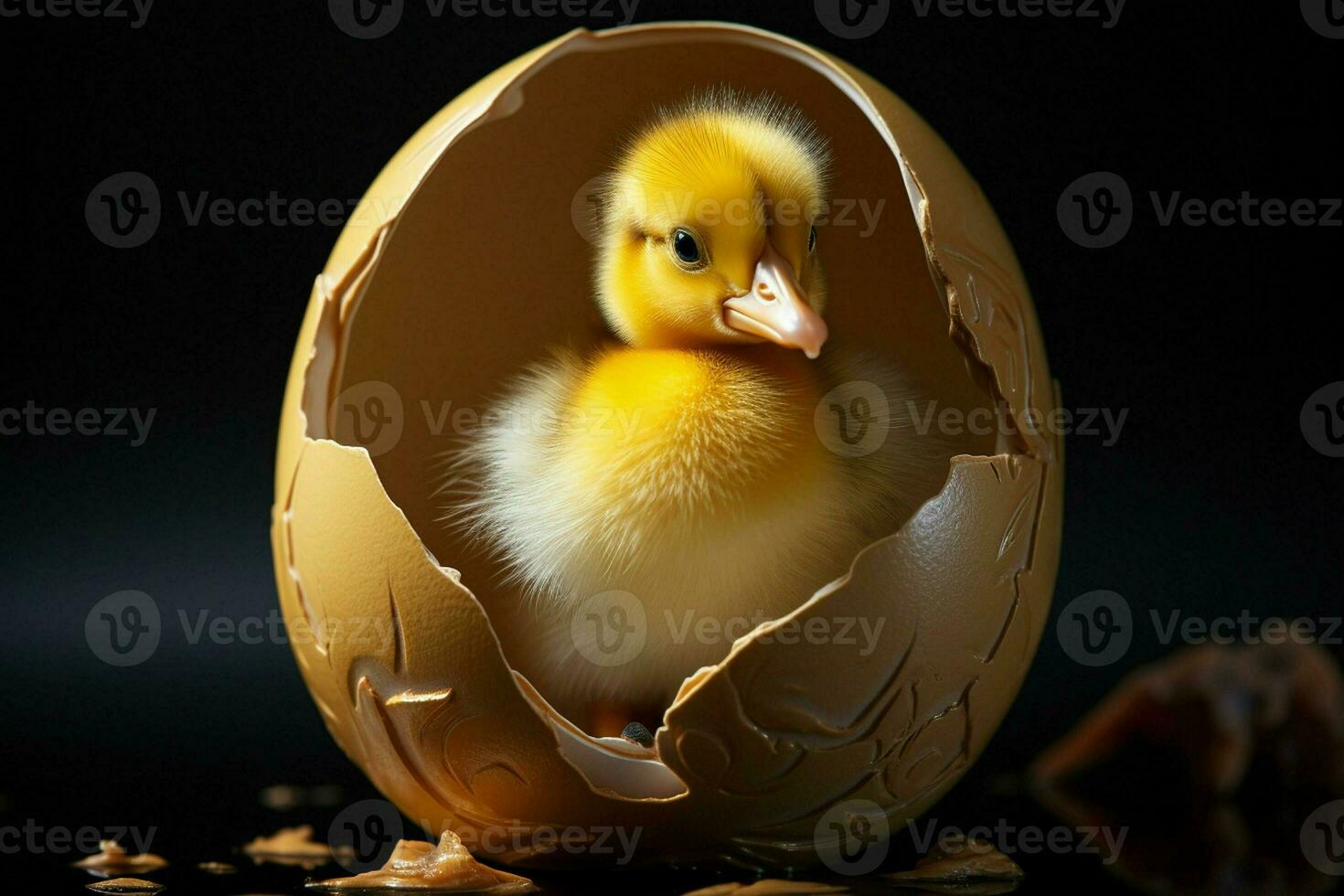 anatroccolo nel uovo conchiglia su nero sfondo, Pasqua decorazione. ai generato professionista foto