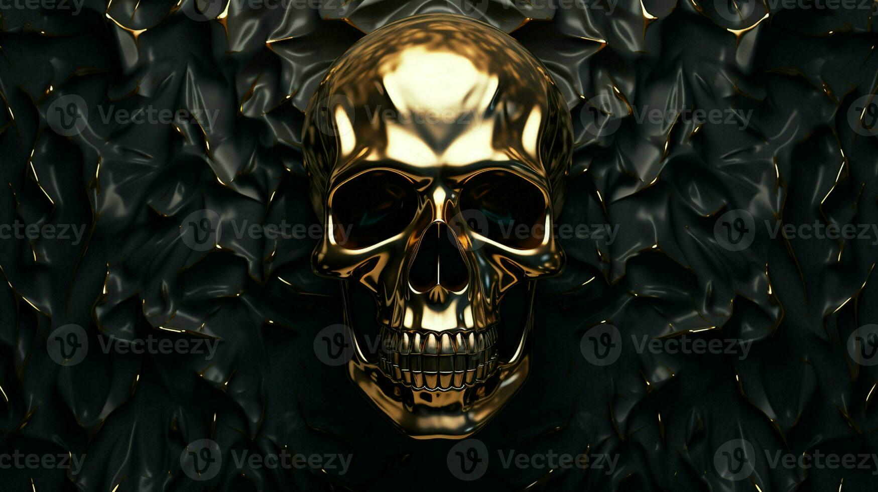 di certo Qui siamo alcuni tag voi può uso per descrivere un Immagine di un' d'oro metallico cranio su un' nero sfondo, creato come un' 3d interpretazione e illustrazione. ai generato professionista foto