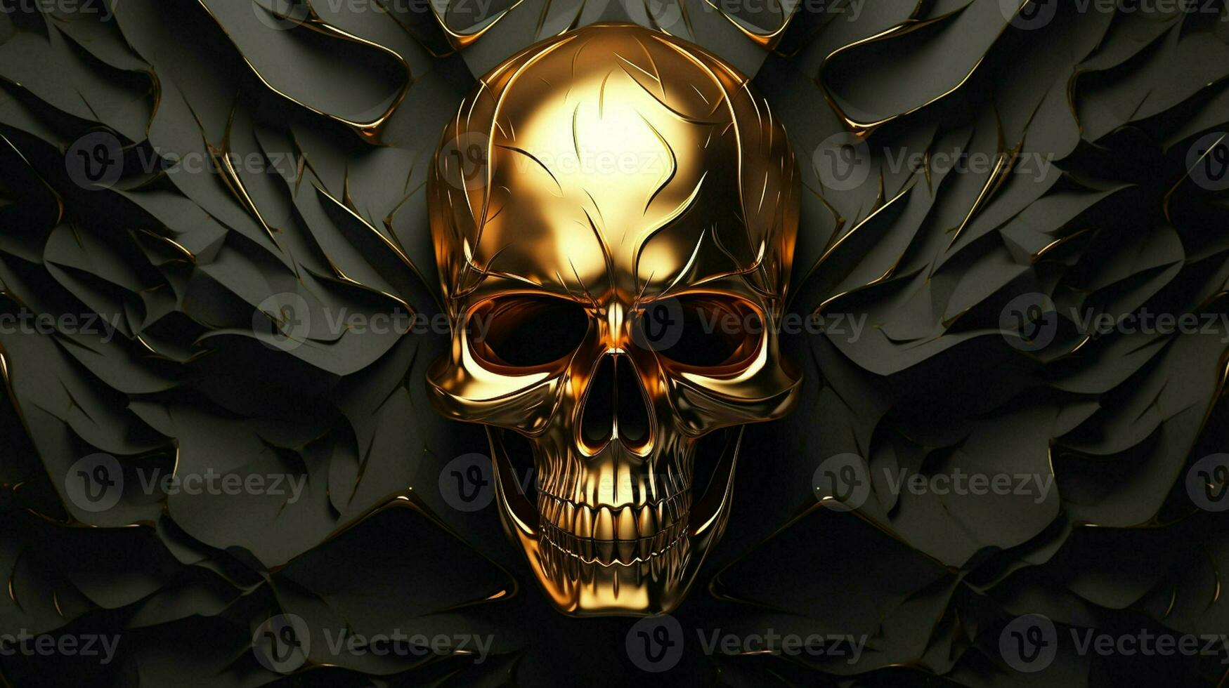 di certo Qui siamo alcuni tag voi può uso per descrivere un Immagine di un' d'oro metallico cranio su un' nero sfondo, creato come un' 3d interpretazione e illustrazione. ai generato professionista foto