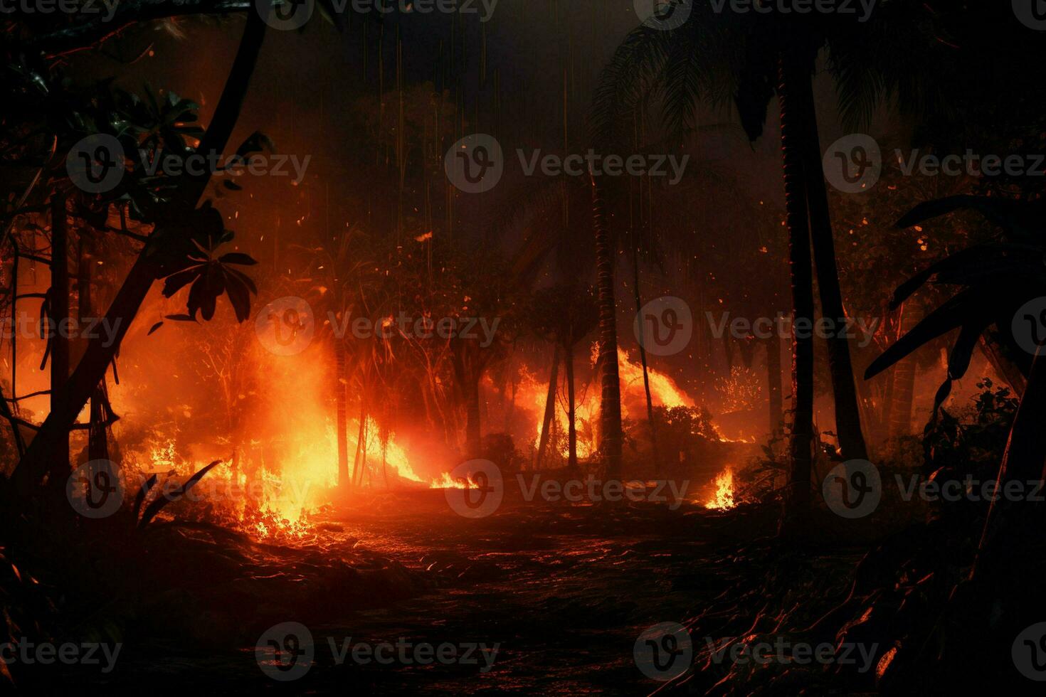 fuoco nel il foresta, ardente alberi e cespugli nel il sfondo. ai generato professionista foto