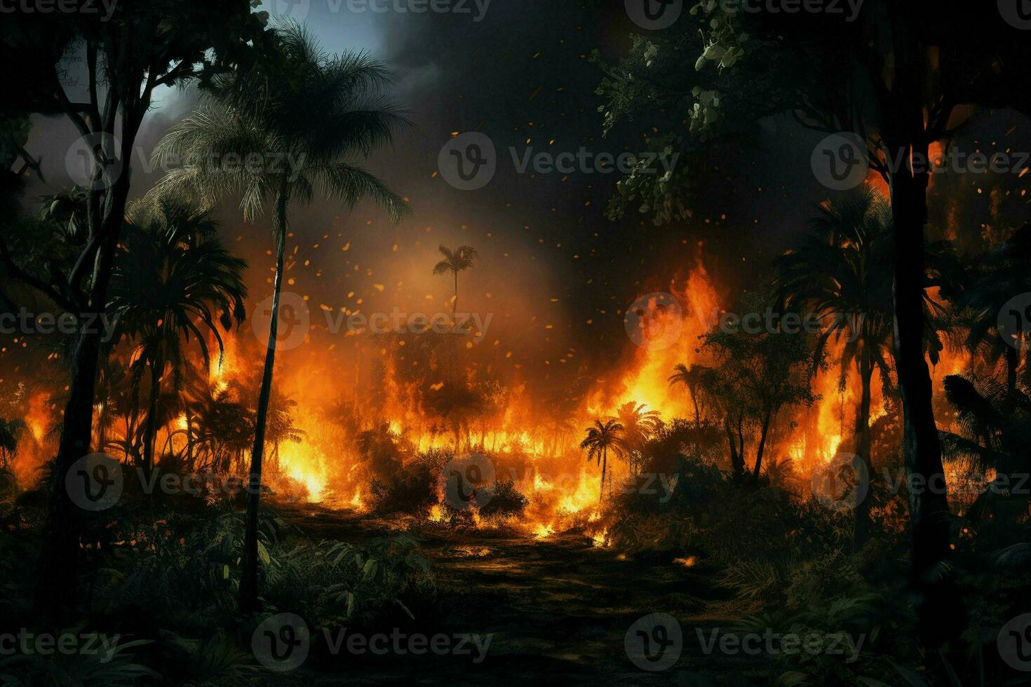 fuoco nel il foresta, ardente alberi e cespugli nel il sfondo. ai generato professionista foto