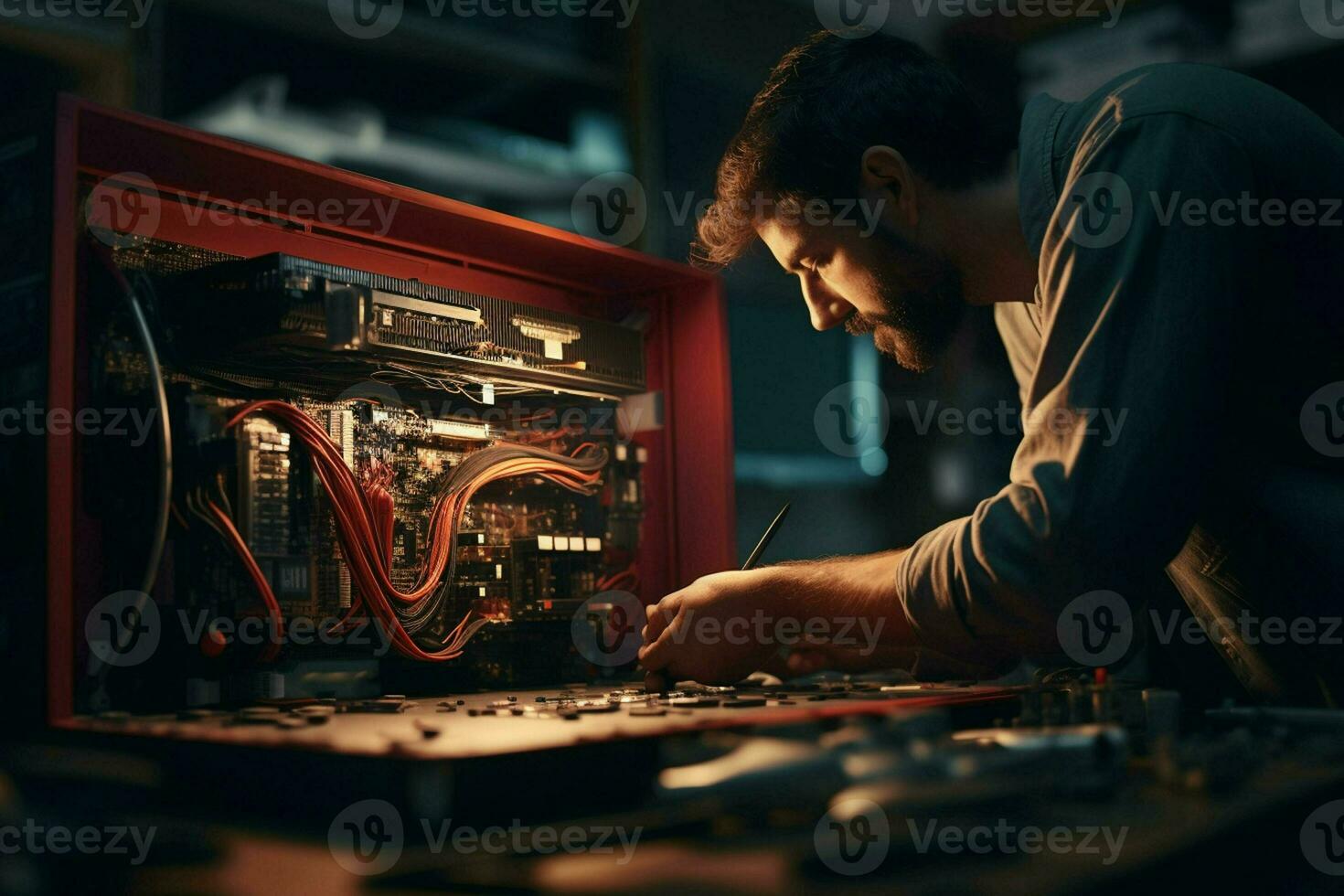 riparatore riparazione elettronico circuito tavola nel il laboratorio a notte. ai generato professionista foto