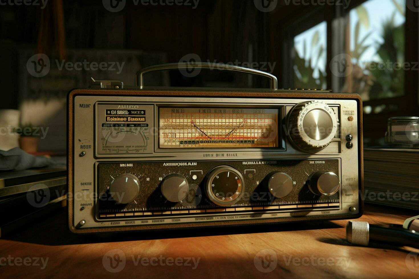 Vintage ▾ Radio su un' di legno tavolo nel il interno di il camera, Vintage ▾ stile. retrò Radio. ai generato professionista foto