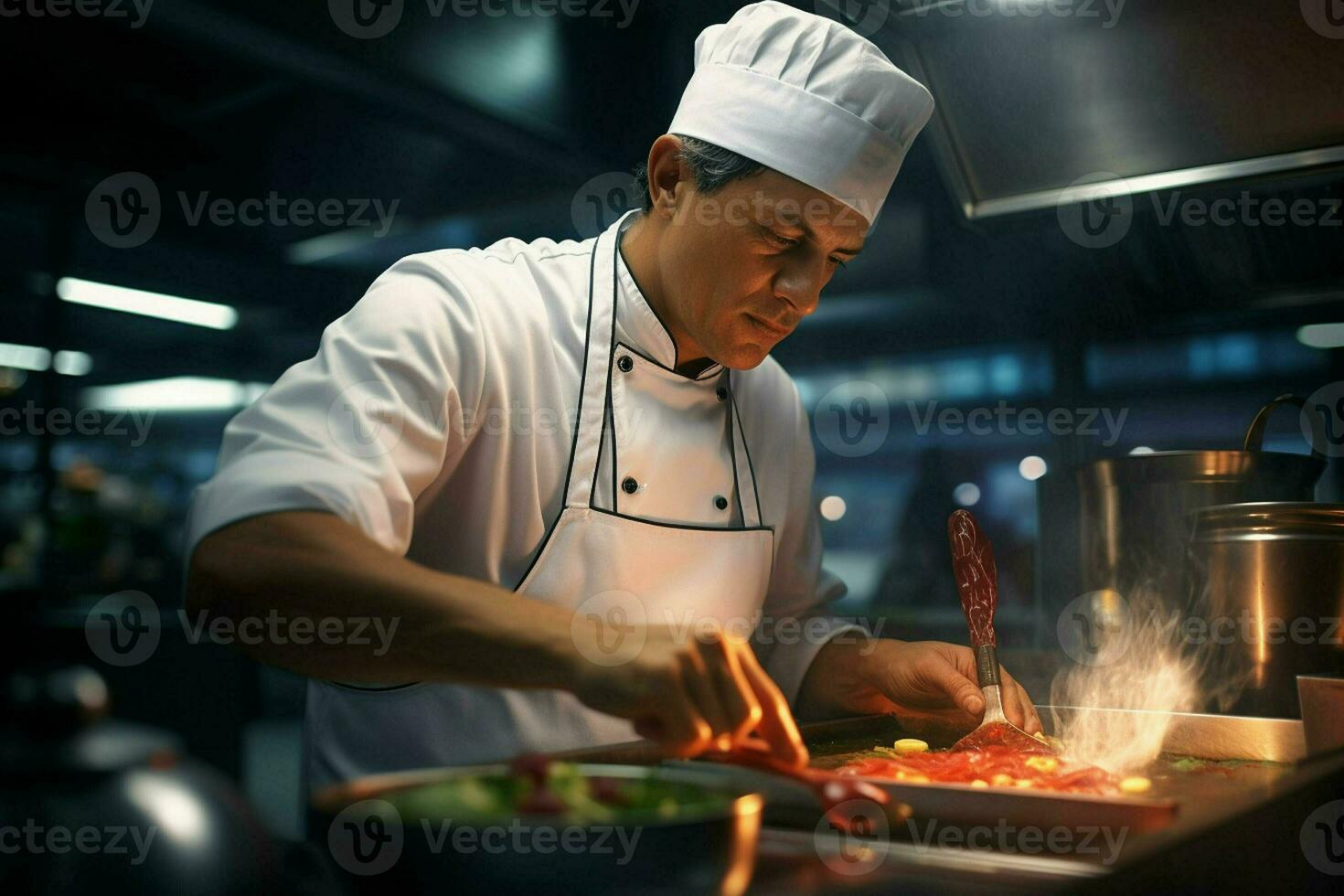 capocuoco cucinando cibo nel cucina a ristorante. ritratto di bello barbuto capocuoco cucinando cibo nel ristorante. ai generato professionista foto