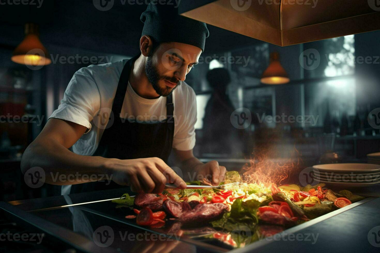 capocuoco cucinando cibo nel cucina a ristorante. ritratto di bello barbuto capocuoco cucinando cibo nel ristorante. ai generato professionista foto