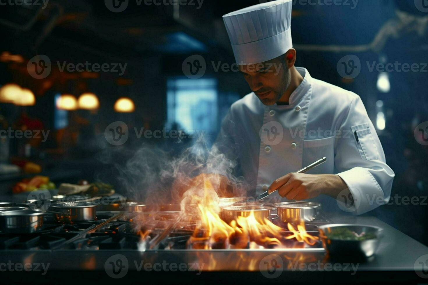 capocuoco cucinando cibo nel cucina a ristorante. ritratto di bello barbuto capocuoco cucinando cibo nel ristorante. ai generato professionista foto