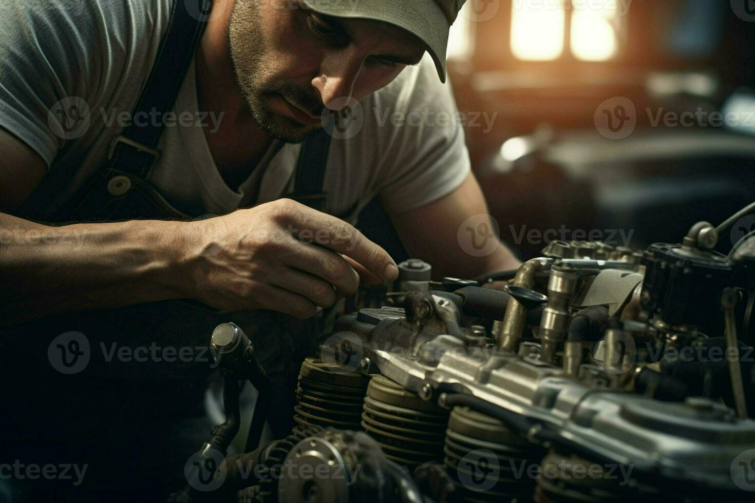 professionale meccanico Lavorando nel auto riparazione negozio. bello giovane caucasico uomo nel uniforme riparazione un' macchina. ai generato professionista foto