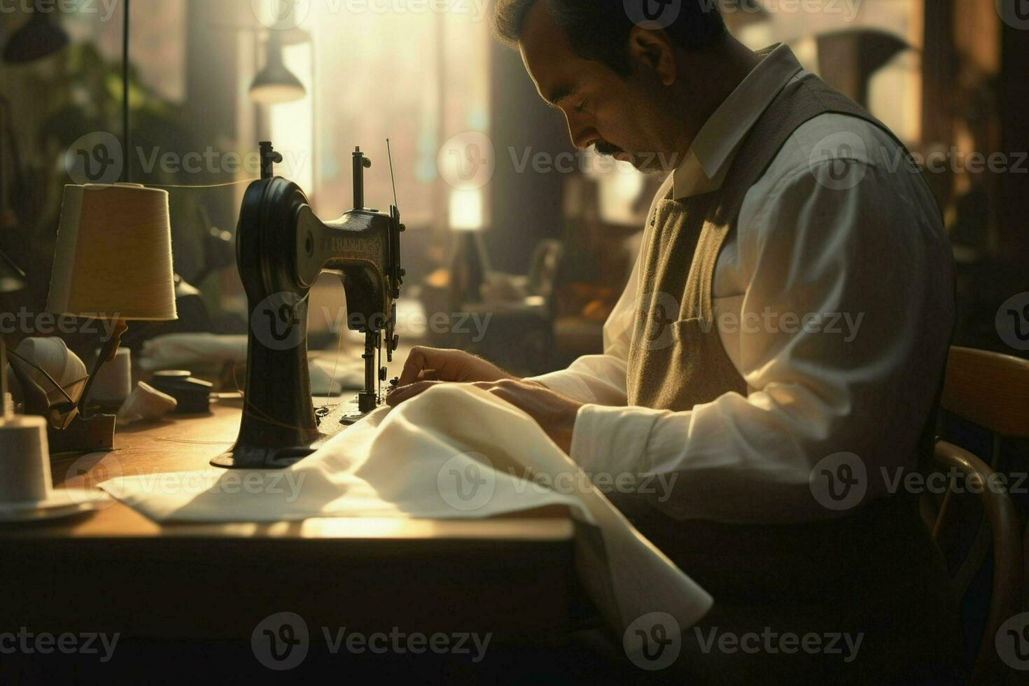 cucire macchina. avvicinamento di un' sarta Lavorando su un' cucire macchina. ai generato professionista foto