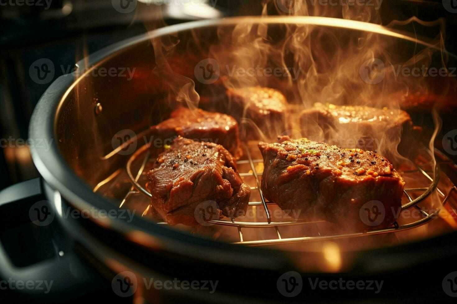 vicino su di Manzo bistecche essere grigliato su barbecue griglia con Fumo, grigliato Manzo bistecche su un' barbecue griglia. superficiale profondità di campo. ai generato professionista foto