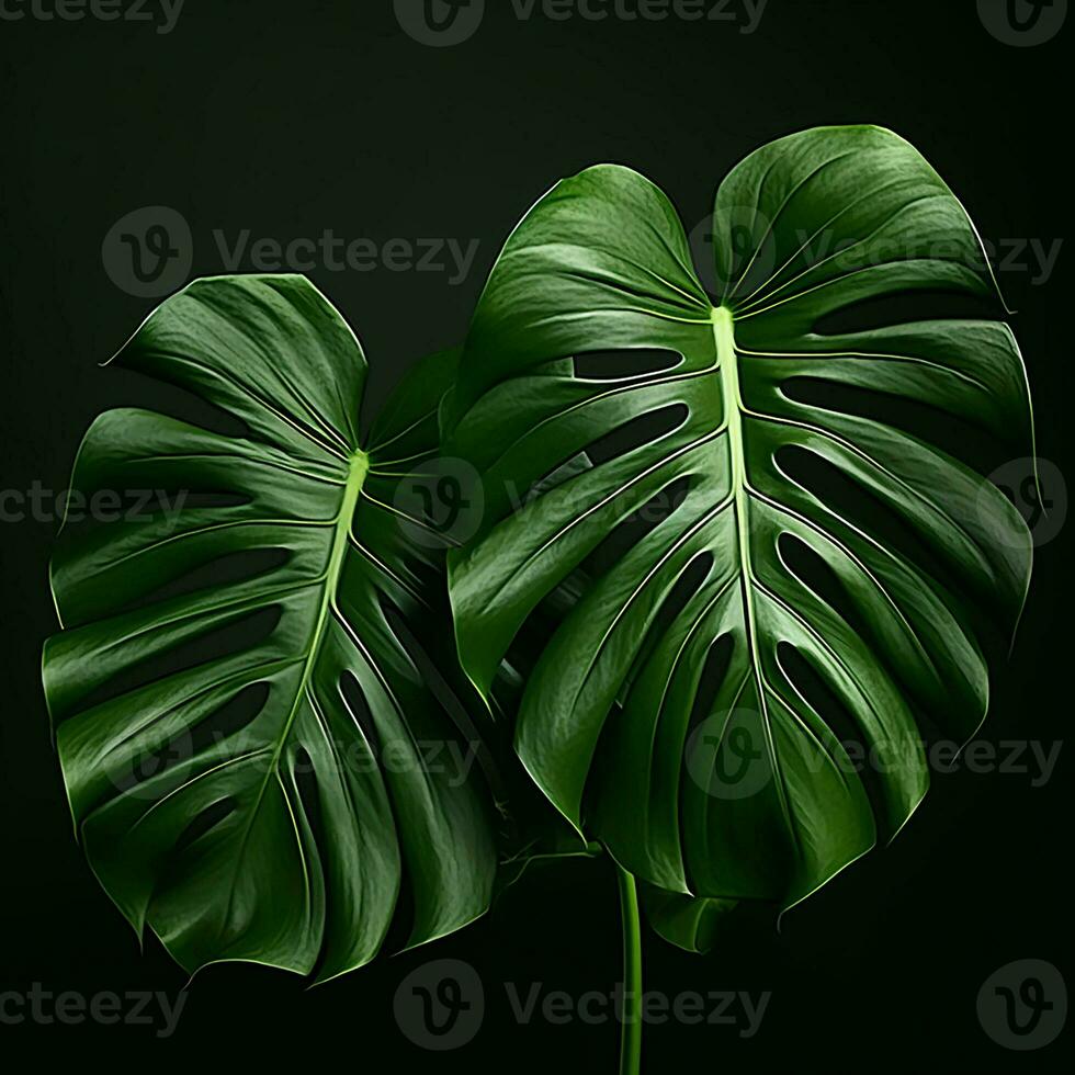 tropicale Monstera le foglie su nero sfondo. piatto posizione, superiore Visualizza. ai generato professionista foto