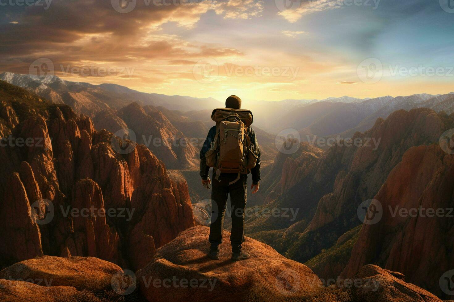 escursioni a piedi donna con zaino in piedi su superiore di un' montagna e guardare a il tramonto. ai generato professionista foto