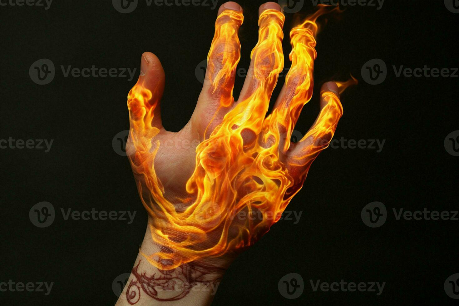 mano con fuoco su un' nero sfondo. avvicinamento di umano mano. ai generato professionista foto