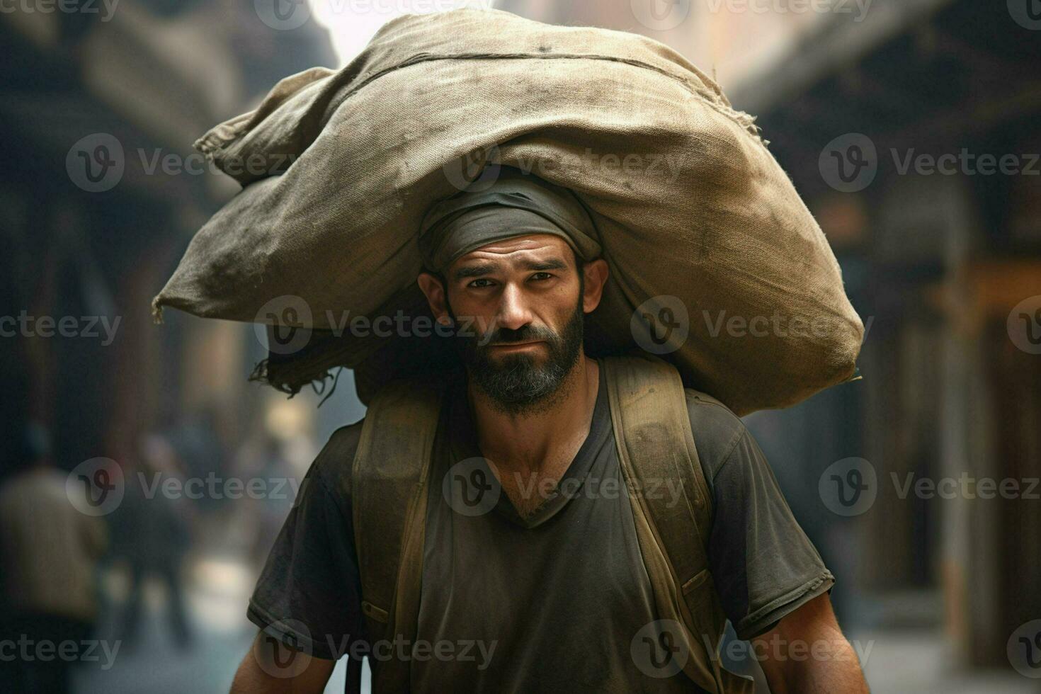 ritratto di un' giovane giorno lavoratore trasporto un' pesante Borsa su il suo testa. ai generato professionista foto