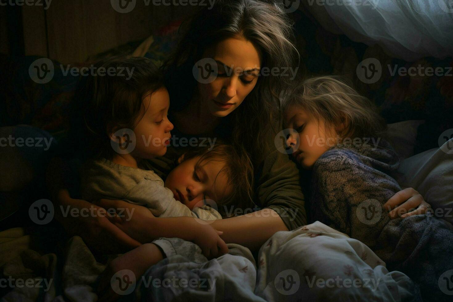 madre con Due bambini addormentato nel letto a casa. il concetto di famiglia relazioni. ai generato professionista foto