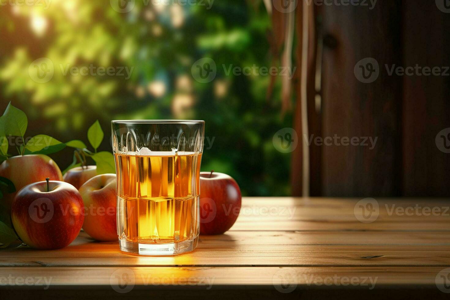 bicchiere di Mela succo e maturo mele su di legno tavolo contro naturale sfondo. ai generato professionista foto