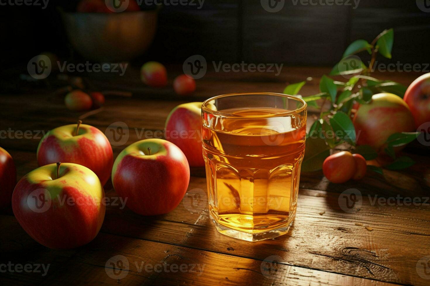 bicchiere di Mela succo e maturo mele su di legno tavolo contro naturale sfondo. ai generato professionista foto