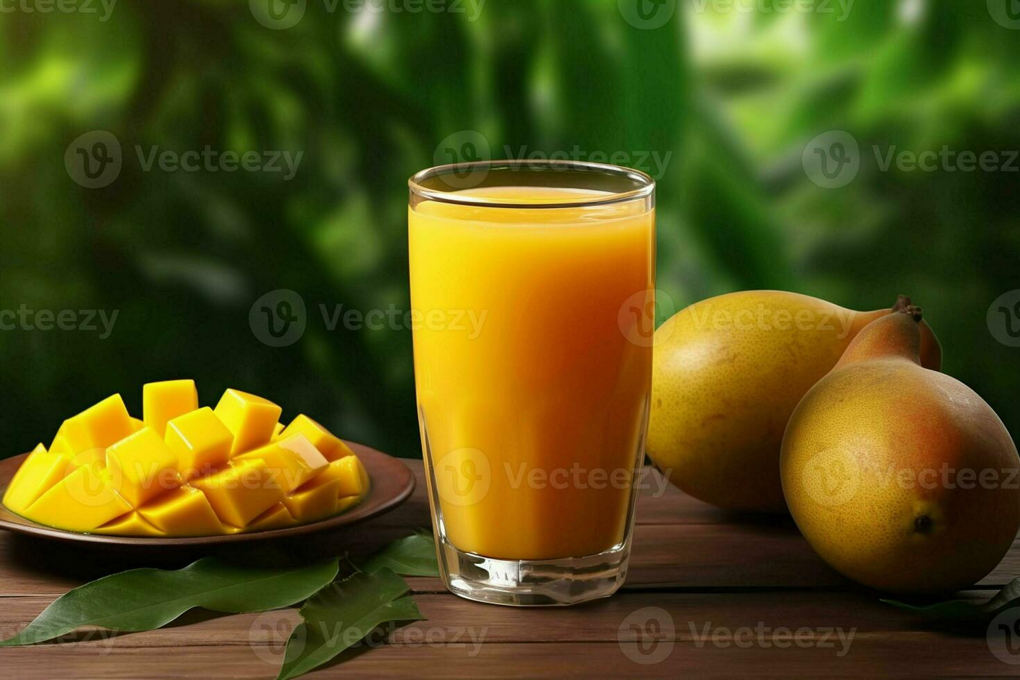 bicchiere di Mango succo su di legno sfondo. salutare bere. ai generato professionista foto