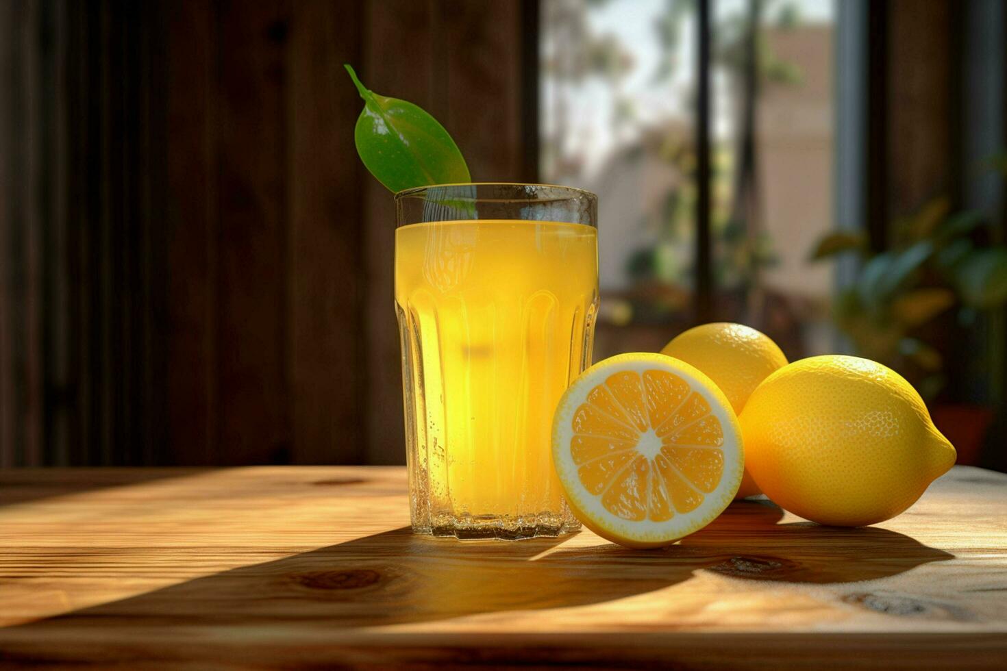 Limone succo nel un' bicchiere con fresco limoni su un' di legno tavolo. ai generato gratuito foto