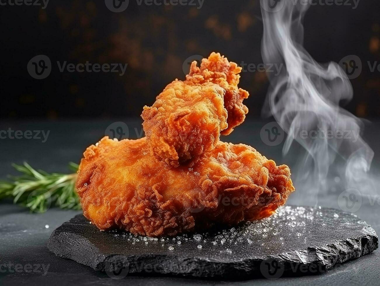 fresco croccante fritte pollo e Fumo su nero stone.generative ai. foto