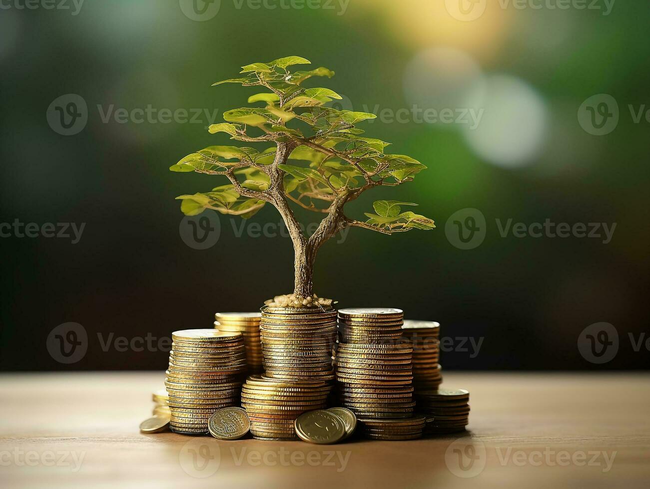 d'oro monete pile passo di passo con albero crescente.generativo ai. foto