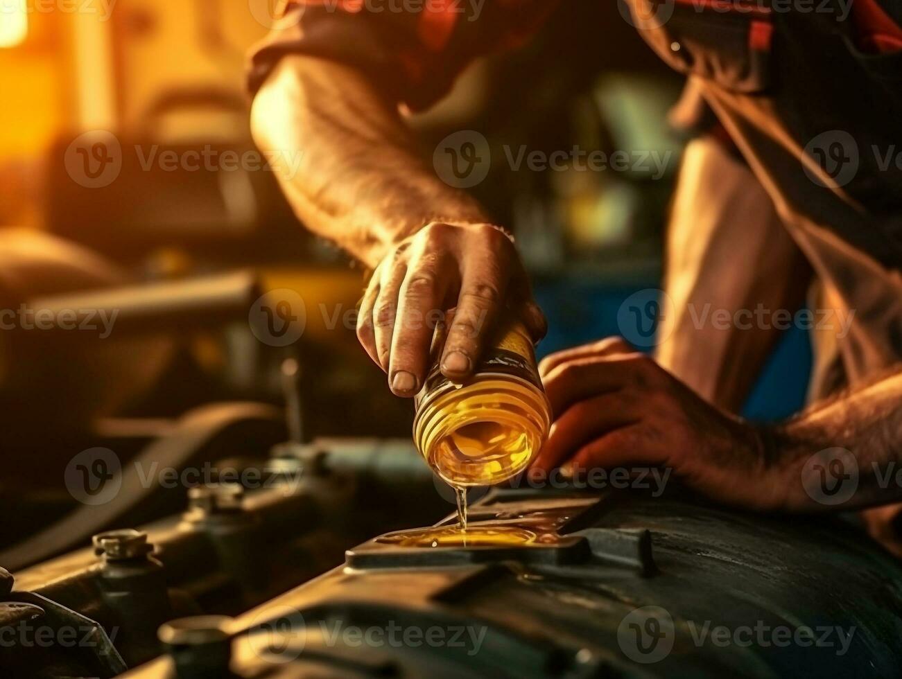 meccanico rifornimento carburante e scrosciante olio qualità in il motore.generativo ai. foto