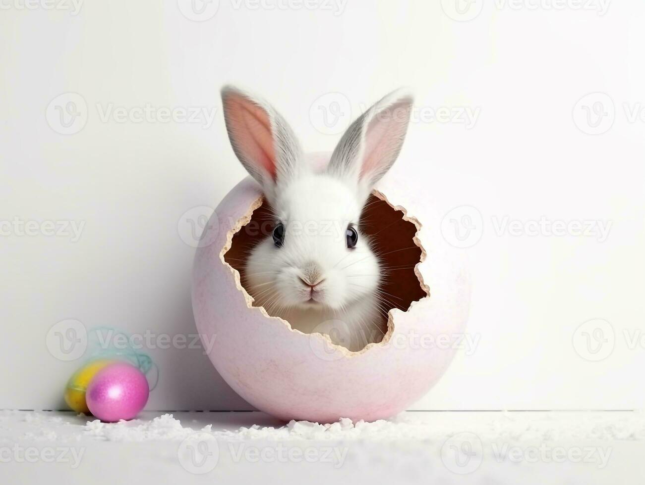 coniglio sbircia su buco nel il bianca parete con colorato Pasqua uovo.generativo ai. foto