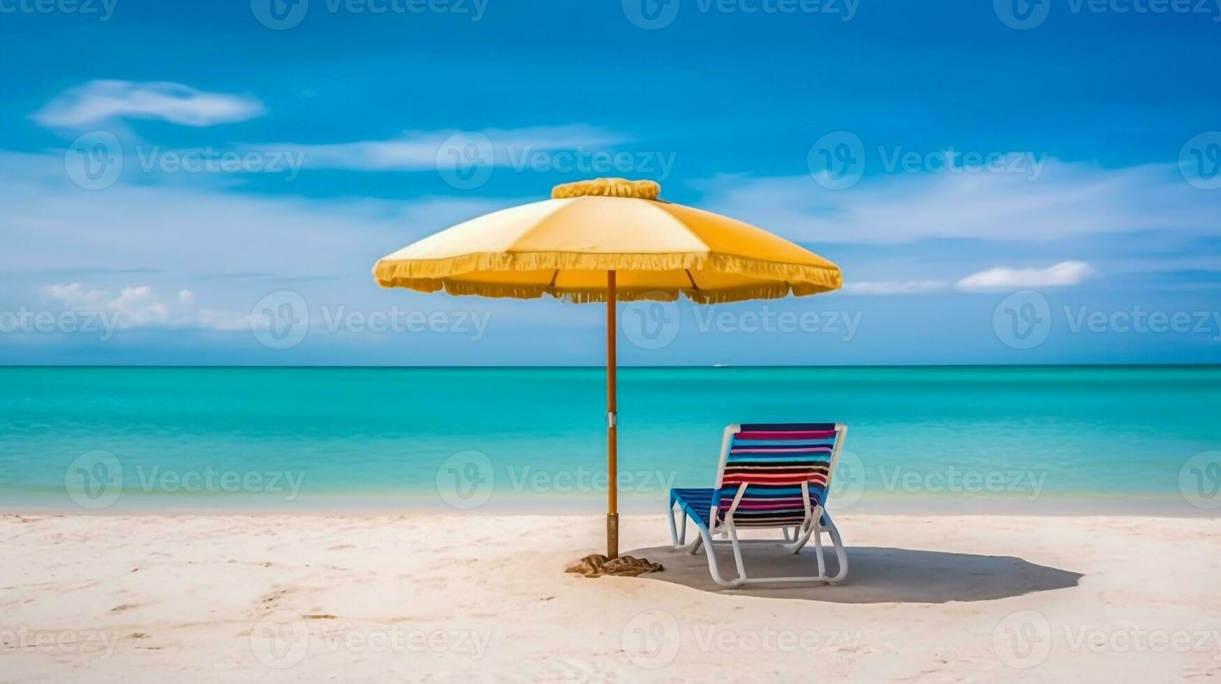 paesaggio spiaggia sedie e ombrello su sbalorditivo tropicale beach.generative ai. foto