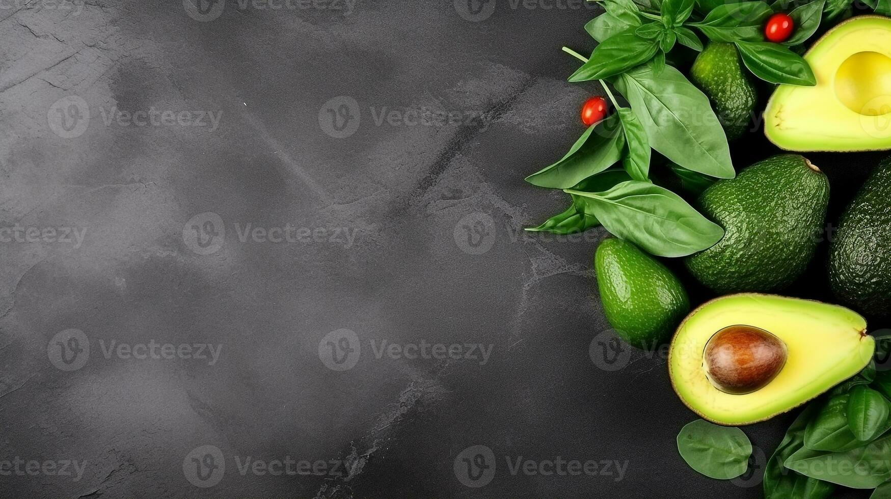 fresco verde insalata avocado su nero pietra background.generative ai. foto