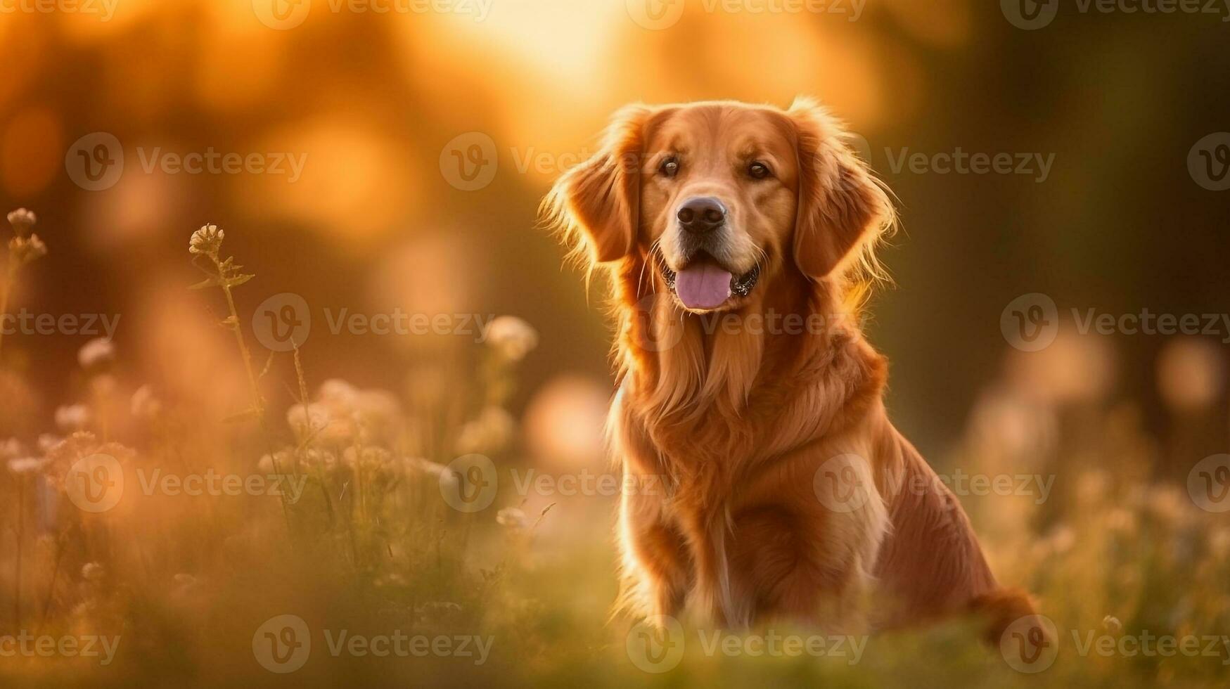 d'oro cane da riporto seduta su prato con tramonto.generativo ai. foto