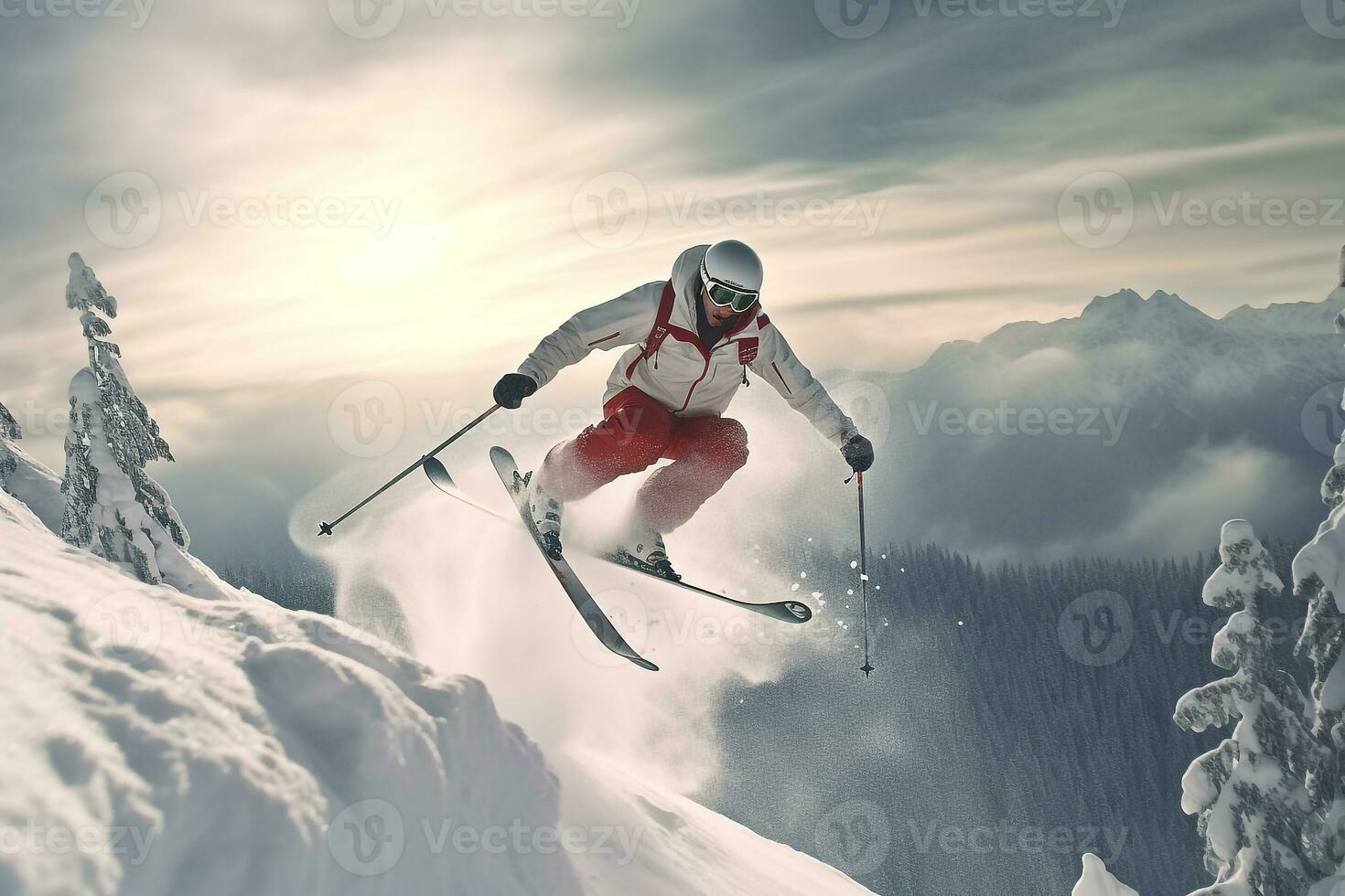 atleta sciatore salto attraverso neve montagna foto
