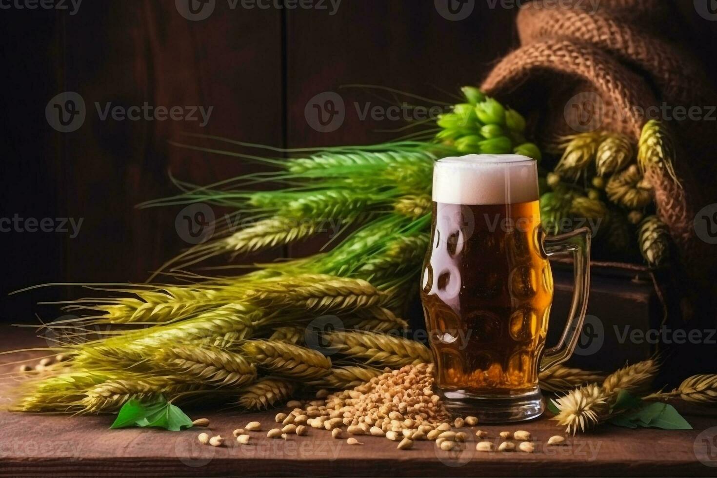 birra con orecchie di Grano su di legno sfondo foto