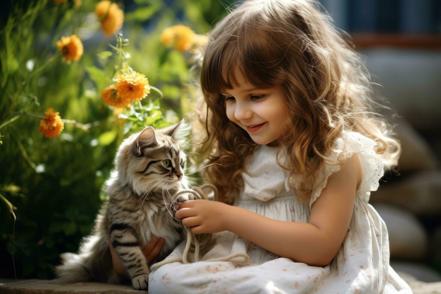 ragazza giocando con un' gatto con un' nastro nel il giardino foto