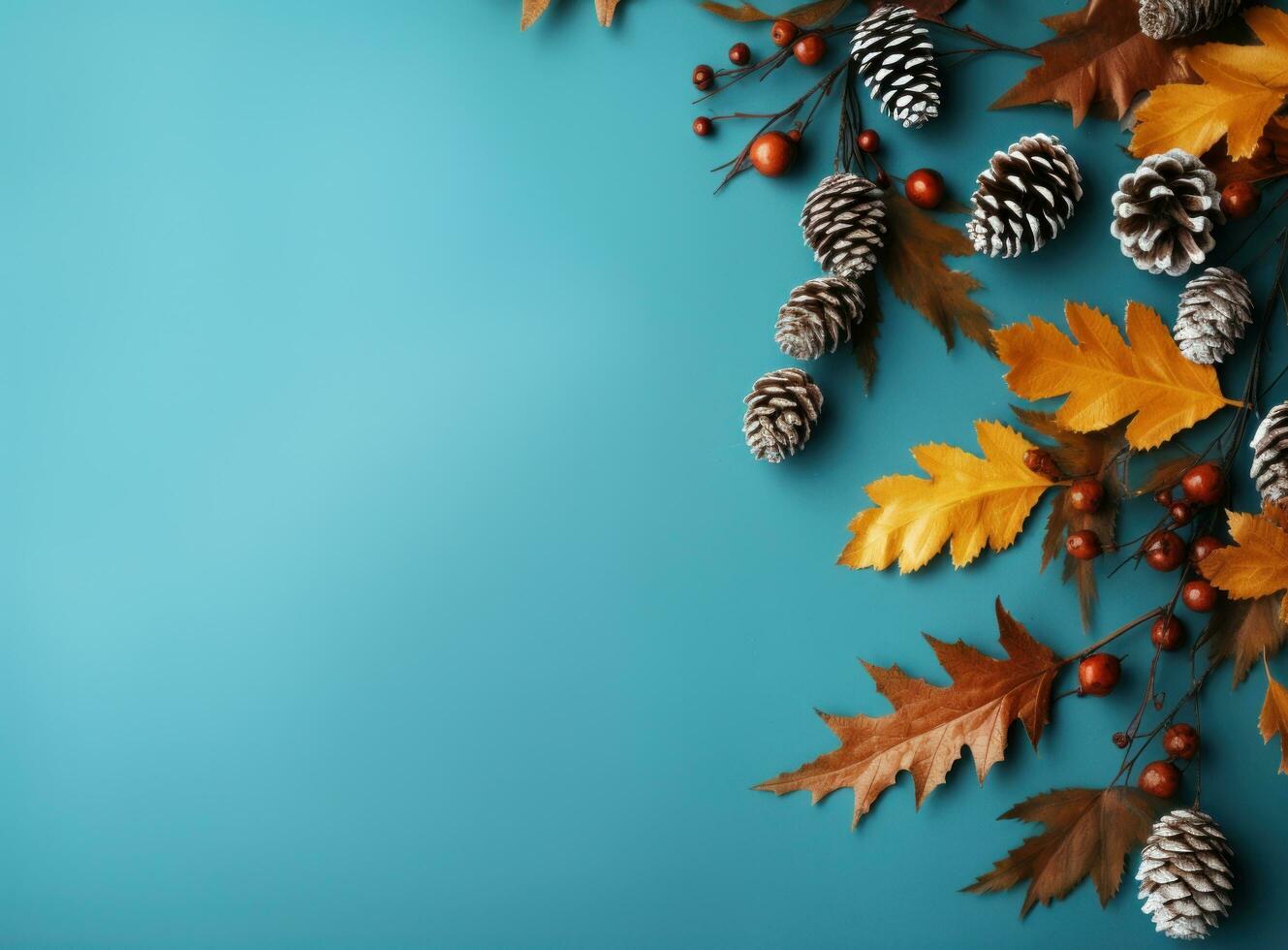 autunno le foglie e bianca pino coni su turchese sfondo foto