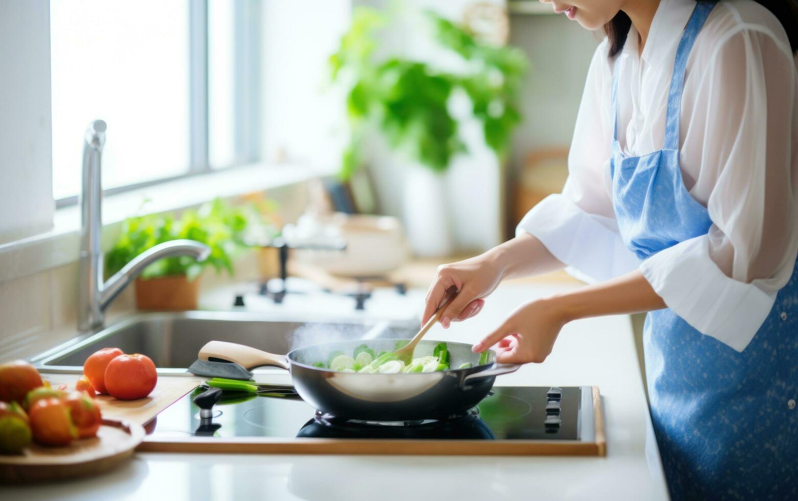 donna cucinando su un' cucina foto