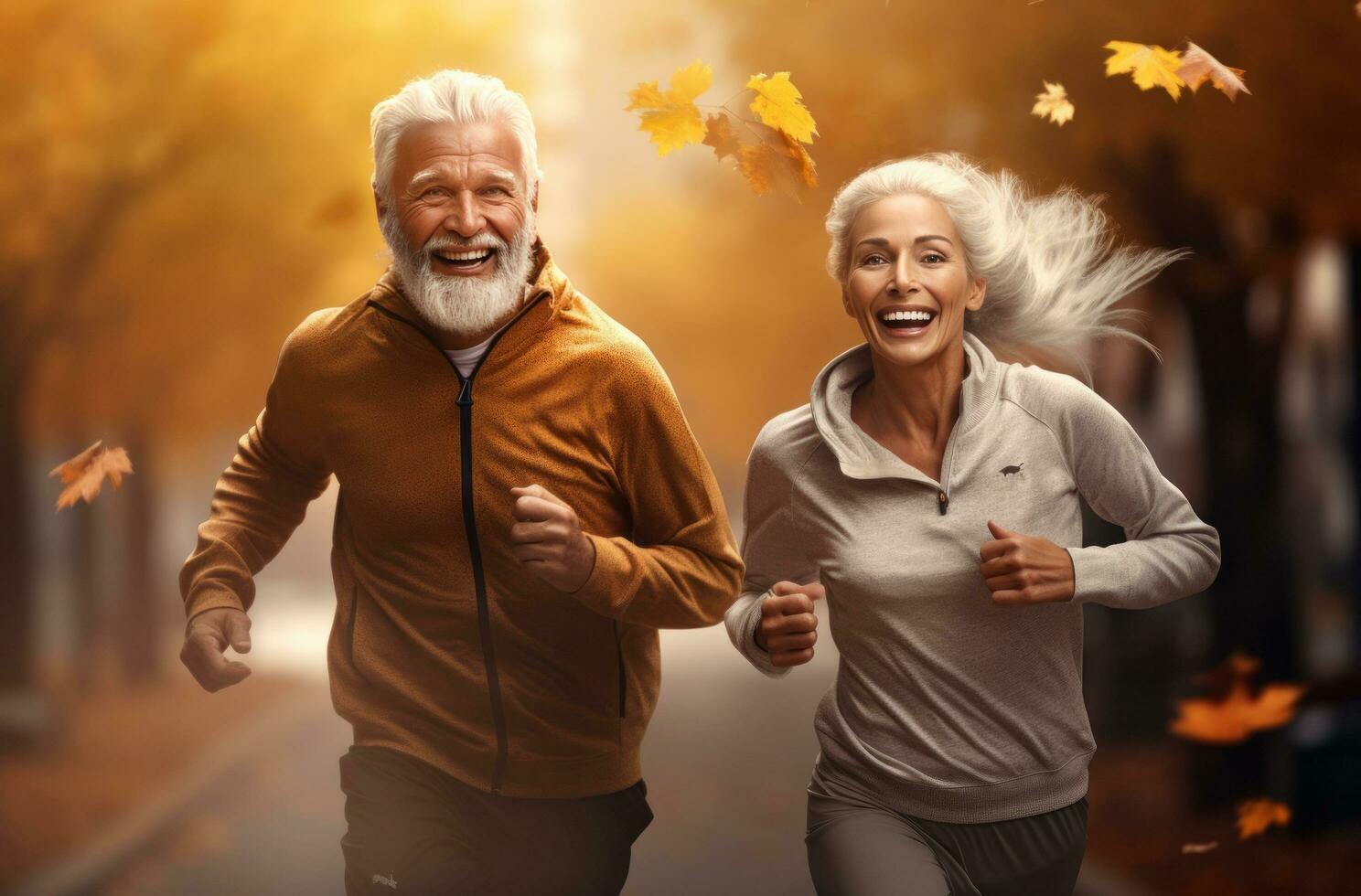 un più vecchio coppia è jogging nel un Aperto campo foto