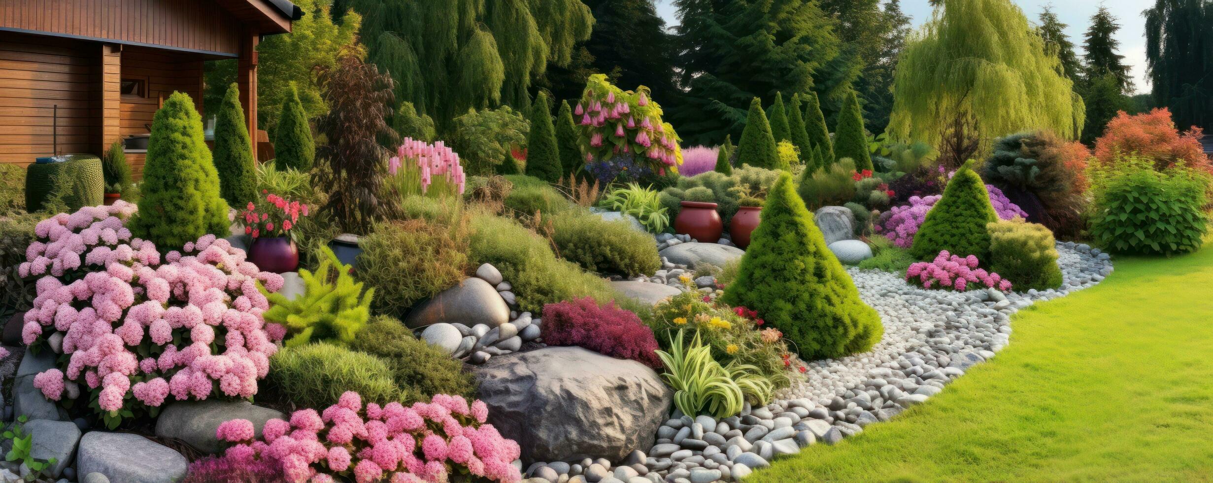 un elegante giardino per rilassare nel il estate foto