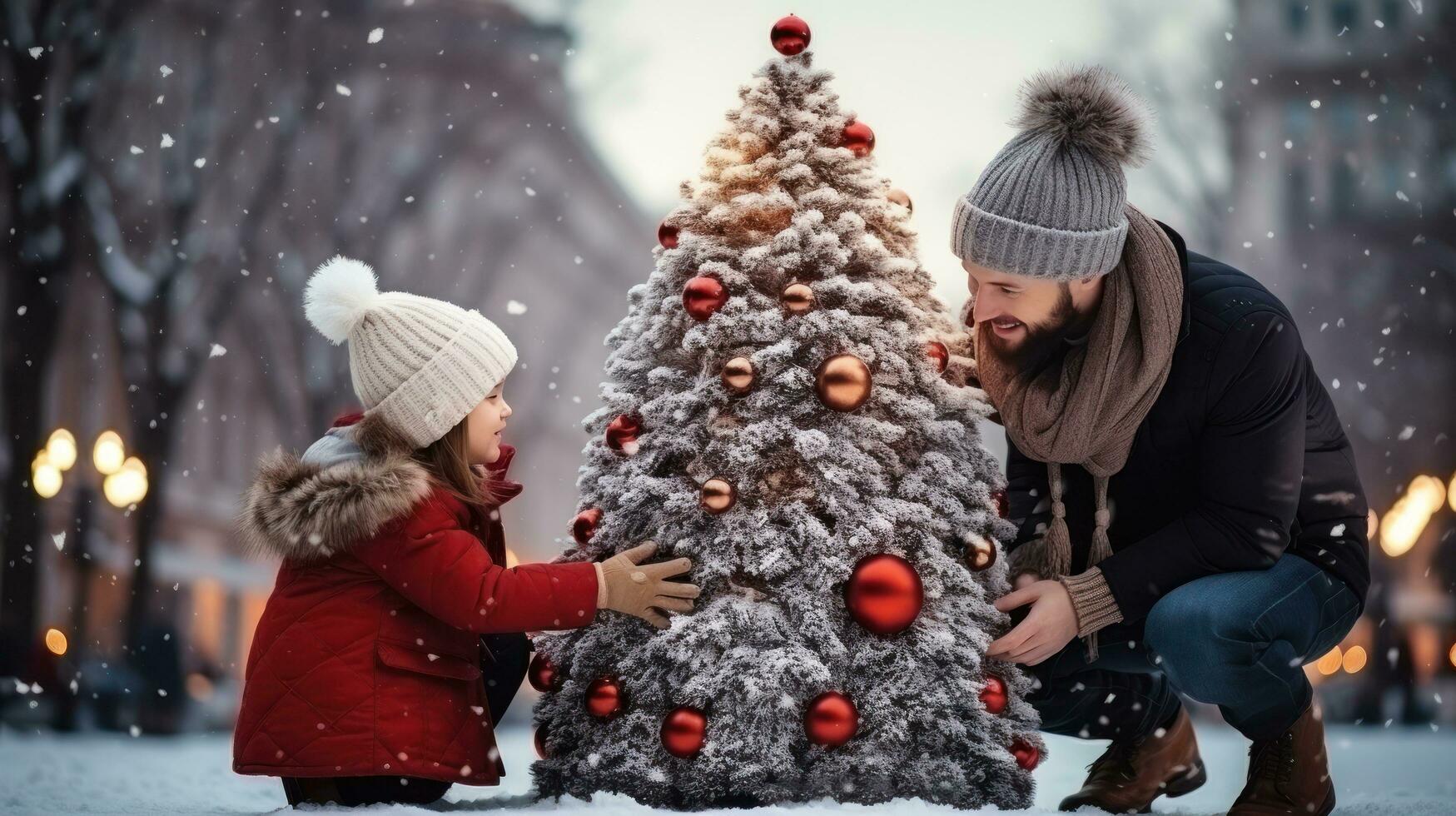 contento famiglia fabbricazione un' pupazzo di neve su il piazza con un' Natale albero foto